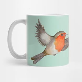 A watercolor drawing of a flying robin Mug